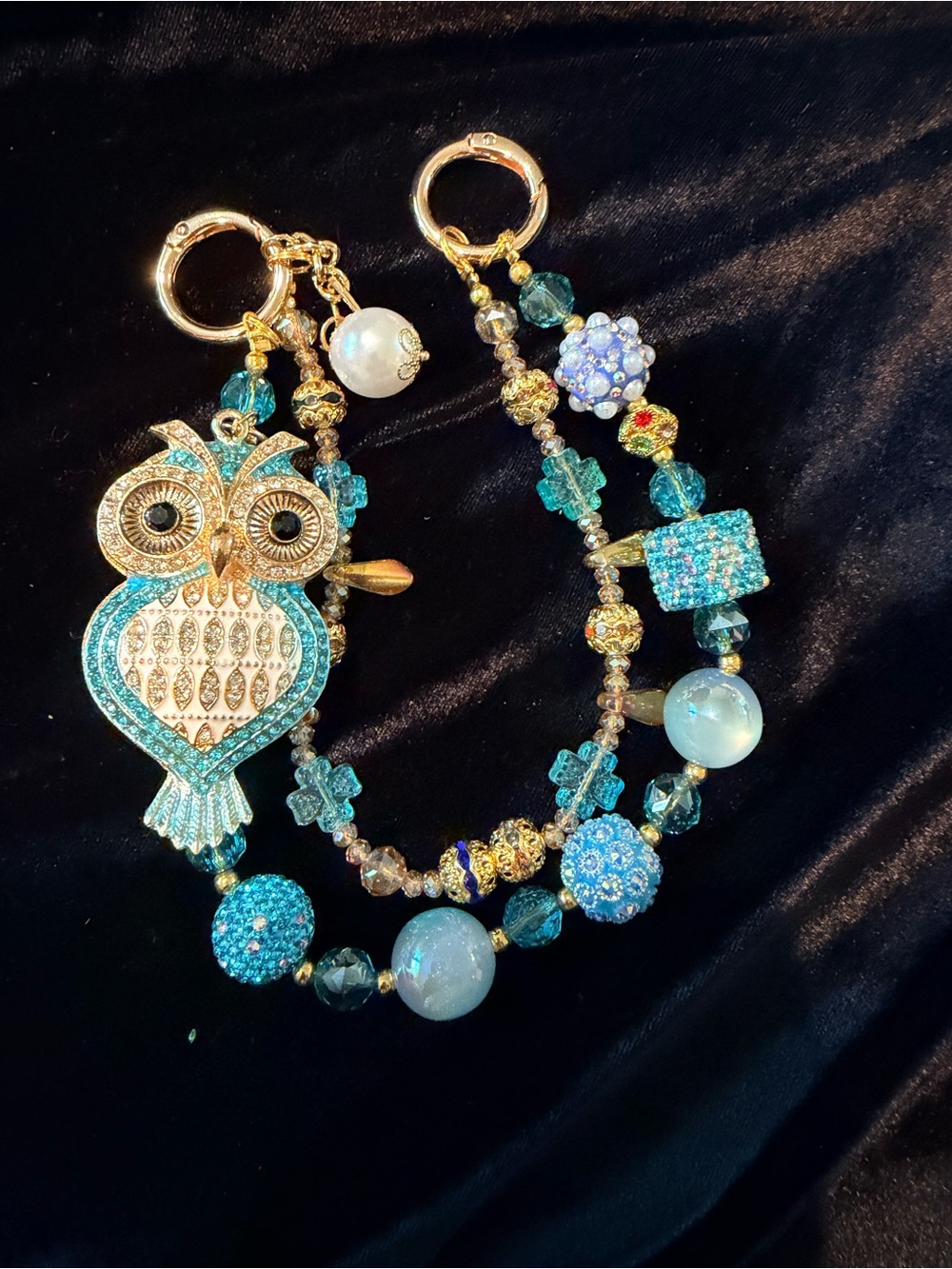 Gold-Tone Teal Crystal Owl Key & Card Holder Charm